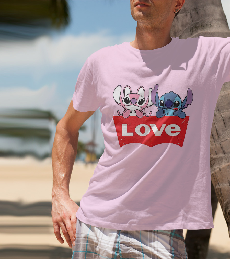 Stitch Love Pink And Blue Character Red Love Block T-Shirt