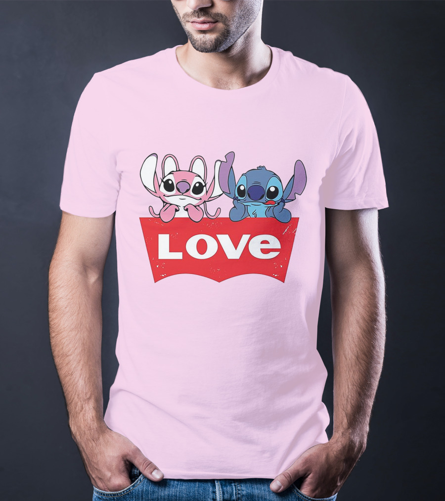 Stitch Love Pink And Blue Character Red Love Block T-Shirt