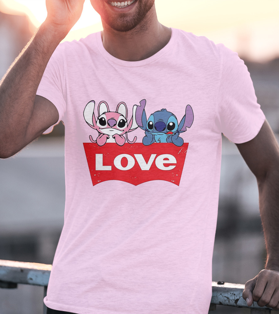 Stitch Love Pink And Blue Character Red Love Block T-Shirt