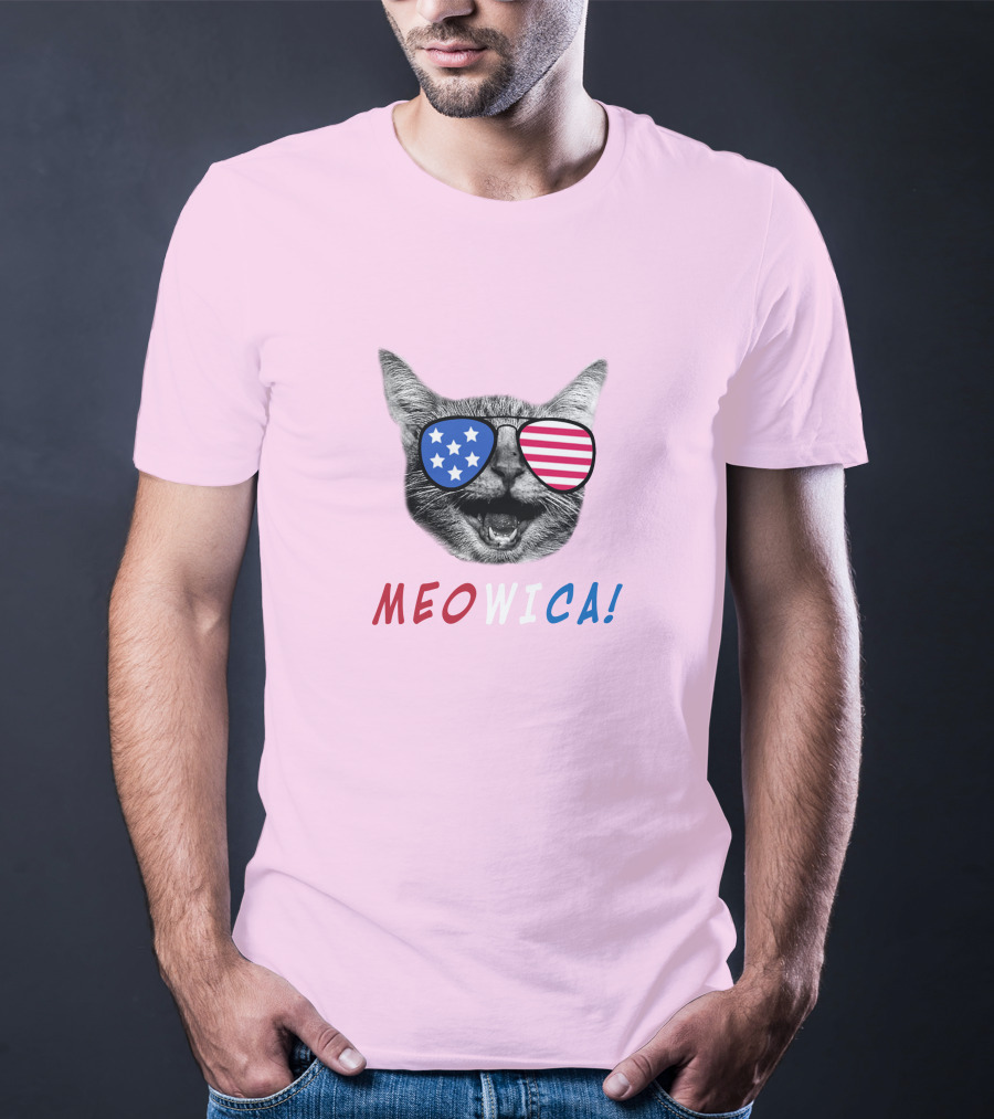 Meowica Cat Wearing American Flag Sunglasses T-Shirt