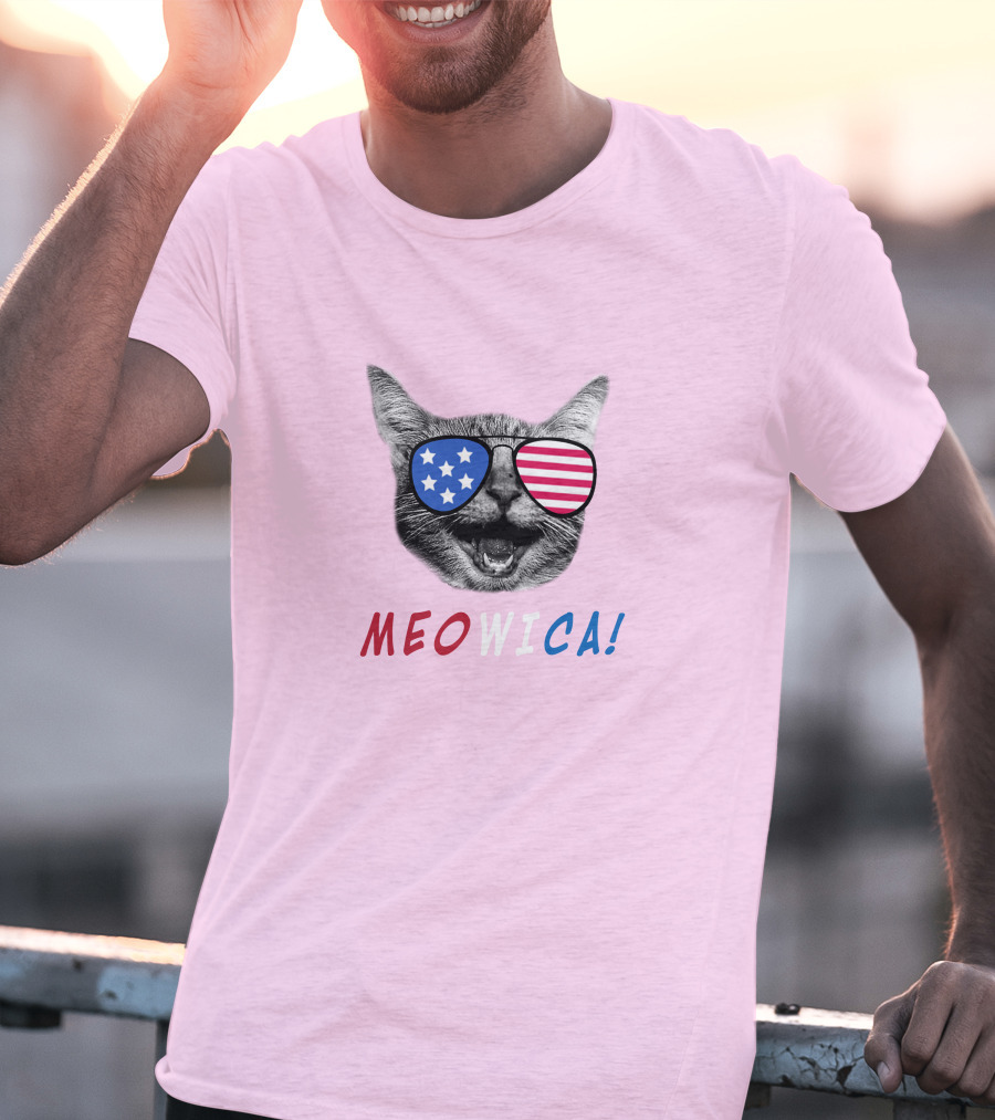 Meowica Cat Wearing American Flag Sunglasses T-Shirt