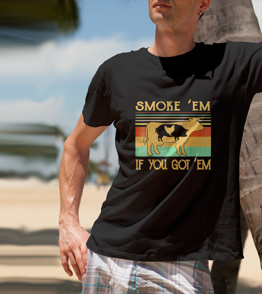 Smoke Em If You Got Em Vintage Cow Pig Chicken Retro Barbecue Stripes T-Shirt