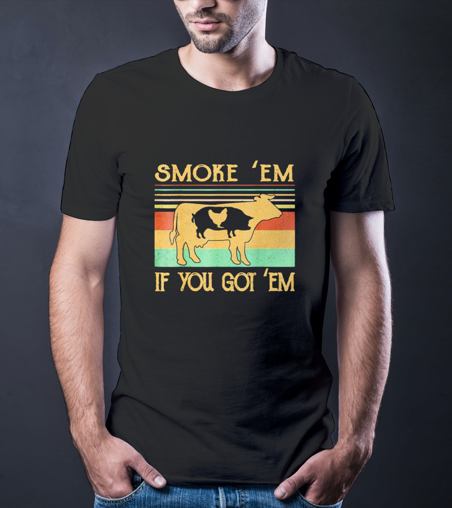 Smoke Em If You Got Em Vintage Cow Pig Chicken Retro Barbecue Stripes T-Shirt