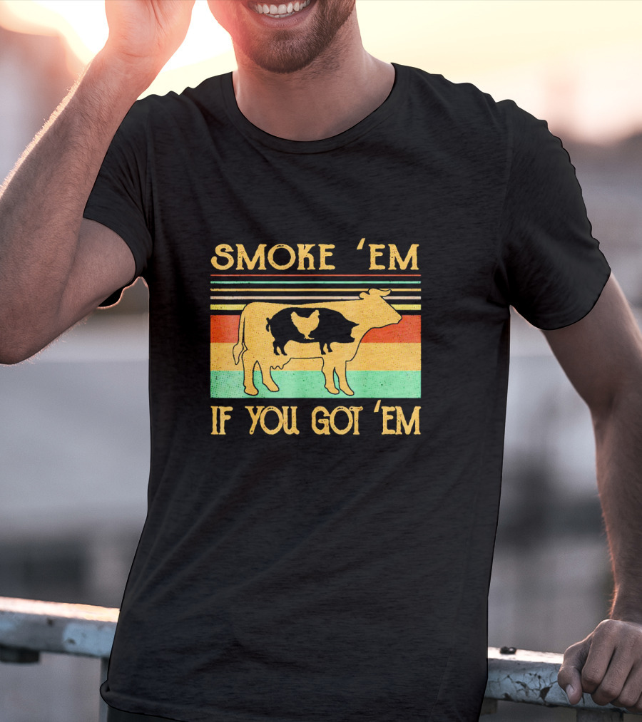 Smoke Em If You Got Em Vintage Cow Pig Chicken Retro Barbecue Stripes T-Shirt