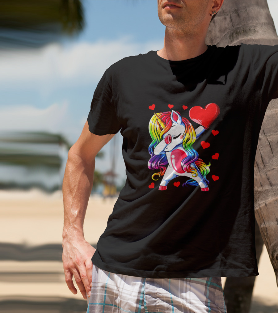 Rainbow Dabbing Unicorn Heart Valentines Day Girls T-Shirt