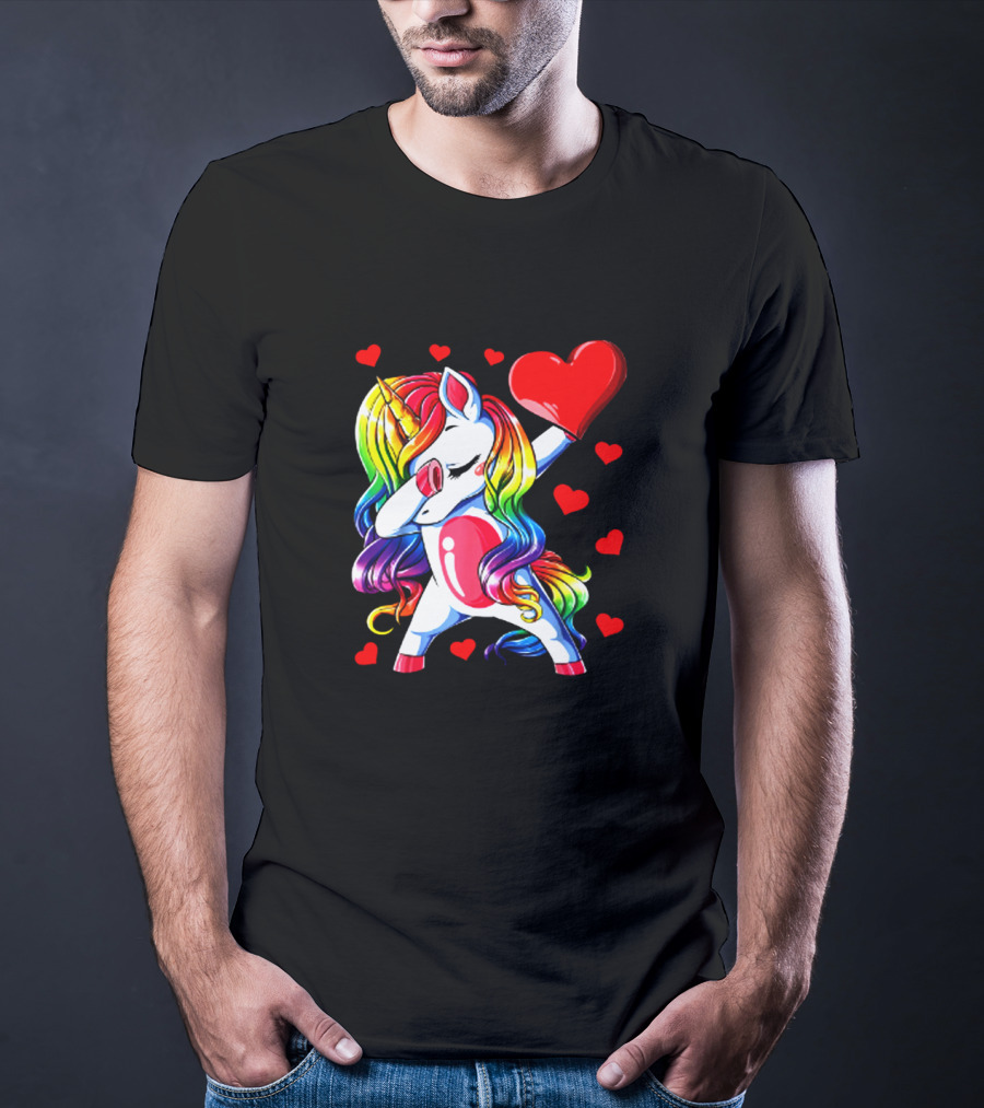 Rainbow Dabbing Unicorn Heart Valentines Day Girls T-Shirt