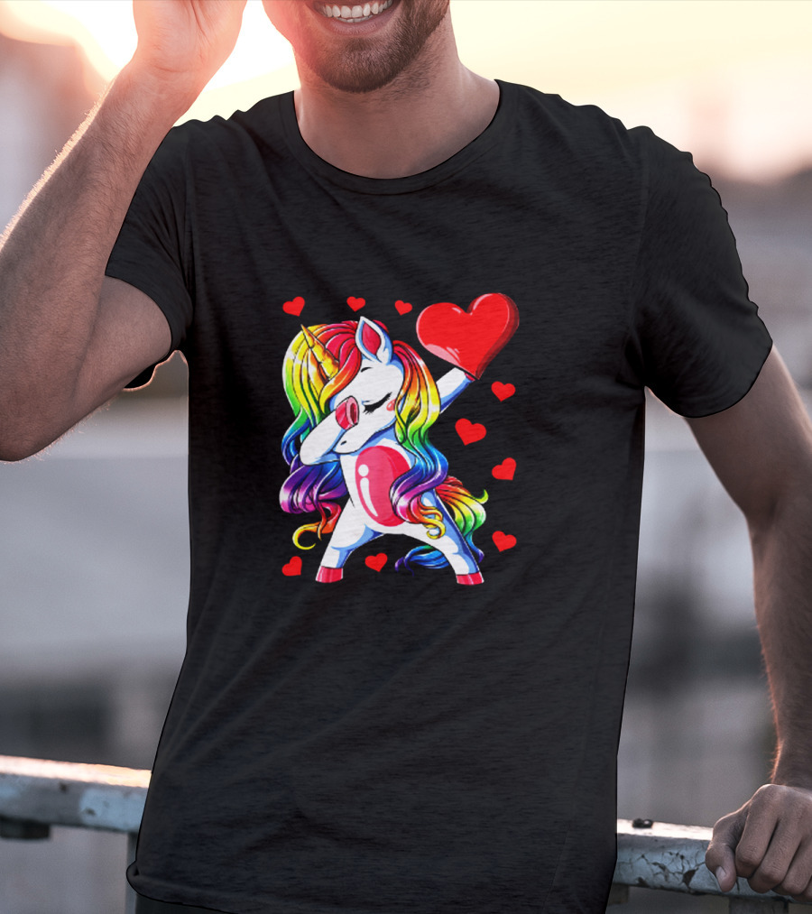 Rainbow Dabbing Unicorn Heart Valentines Day Girls T-Shirt