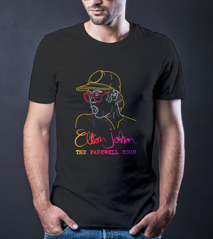 Elton John The Farewell Tour Neon Art With Glasses And Hat T-Shirt