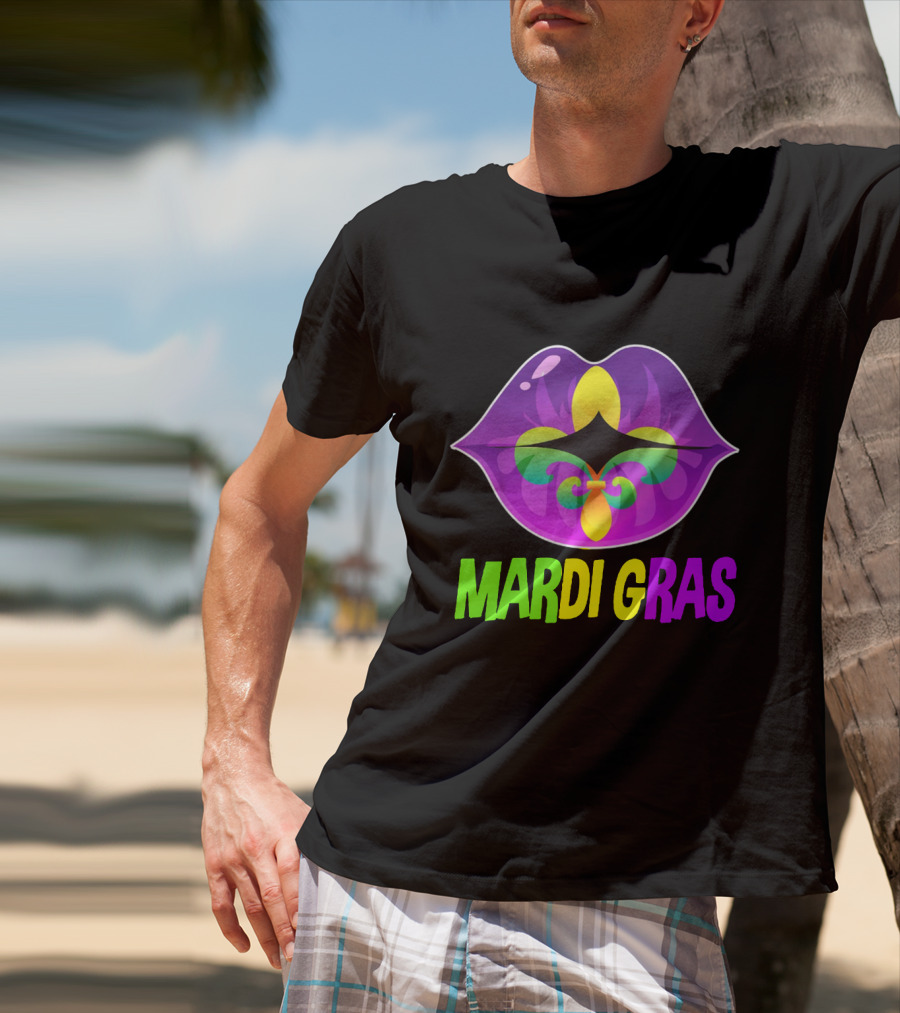 Mardi Gras Lip Fleur De Lis Purple Green Yellow T-Shirt