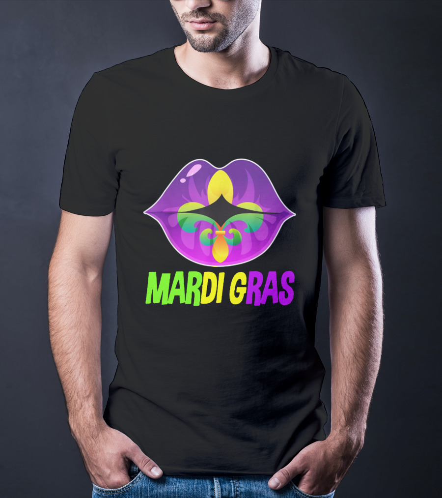 Mardi Gras Lip Fleur De Lis Purple Green Yellow T-Shirt