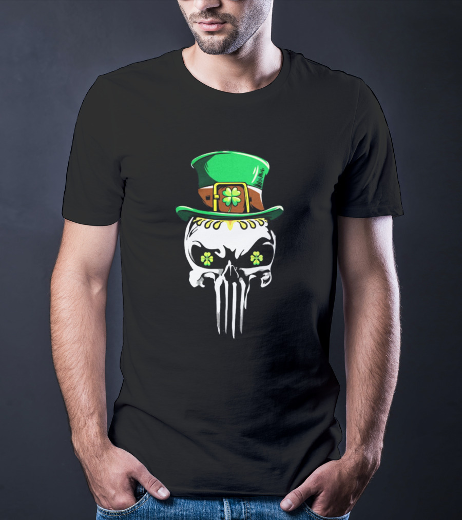Punisher Skull With Green Leprechaun Hat And Shamrock Eyes T-Shirt