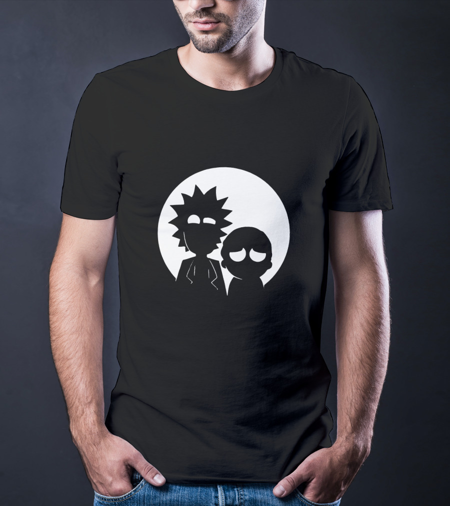 Rick And Morty Face Black And White Silhouette Moon Circle T-Shirt