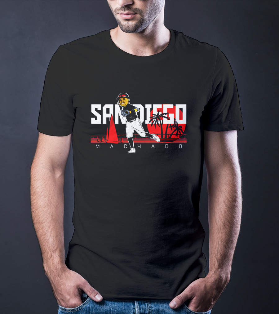 San Diego Machado Baseball Player With Sailboat And Palm Trees In Red Sunset Scene T-Shirt