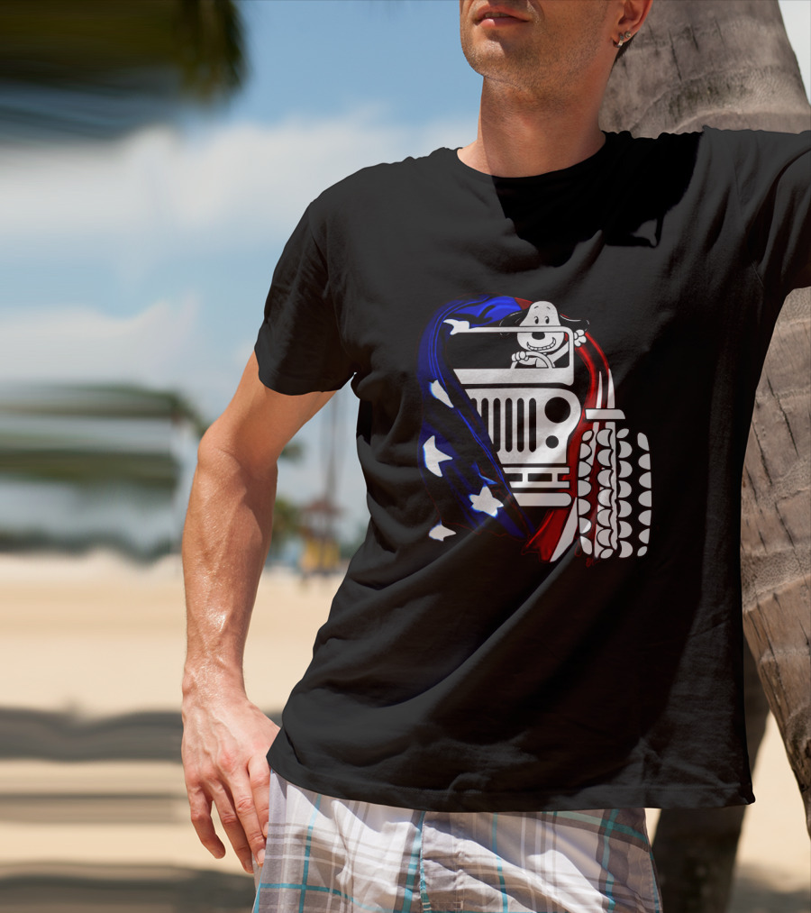 Snoopy Jeep Stars Stripes American Flag Background T-Shirt
