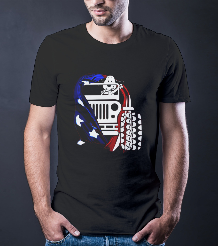 Snoopy Jeep Stars Stripes American Flag Background T-Shirt