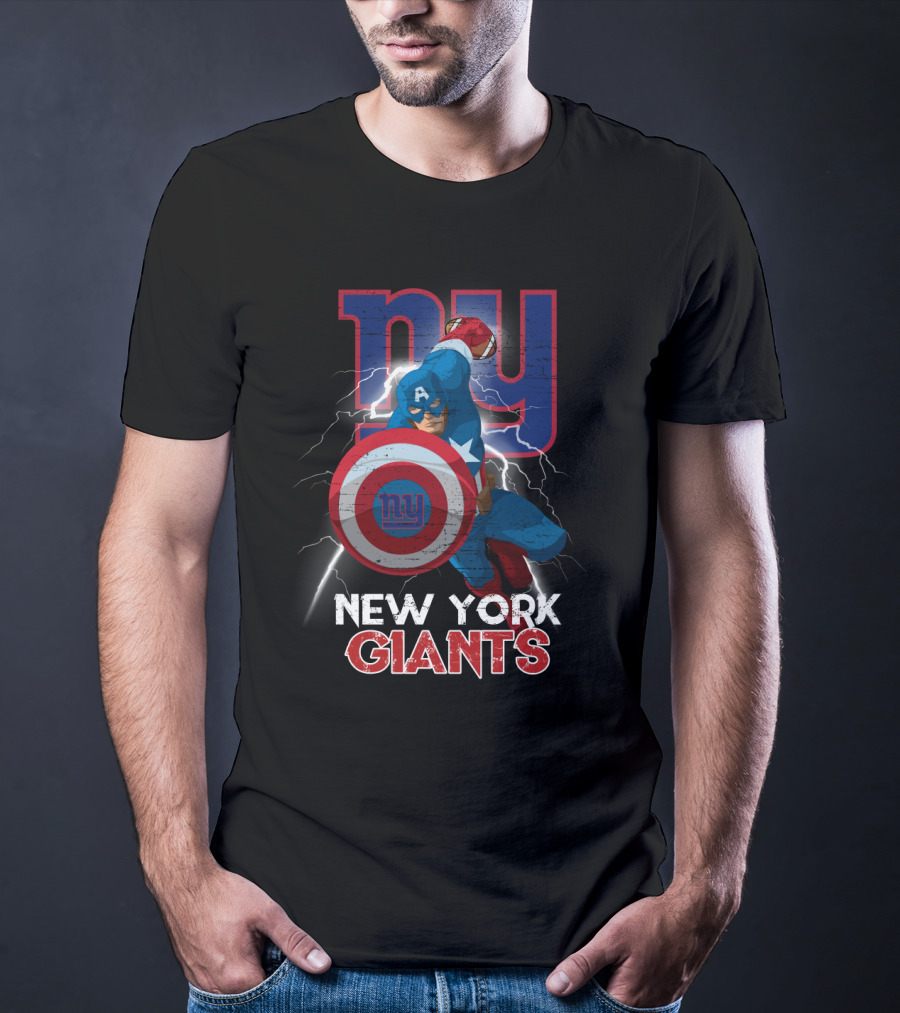 Captain America New York Giants Nfl Superhero Shield Lightning Action T-Shirt