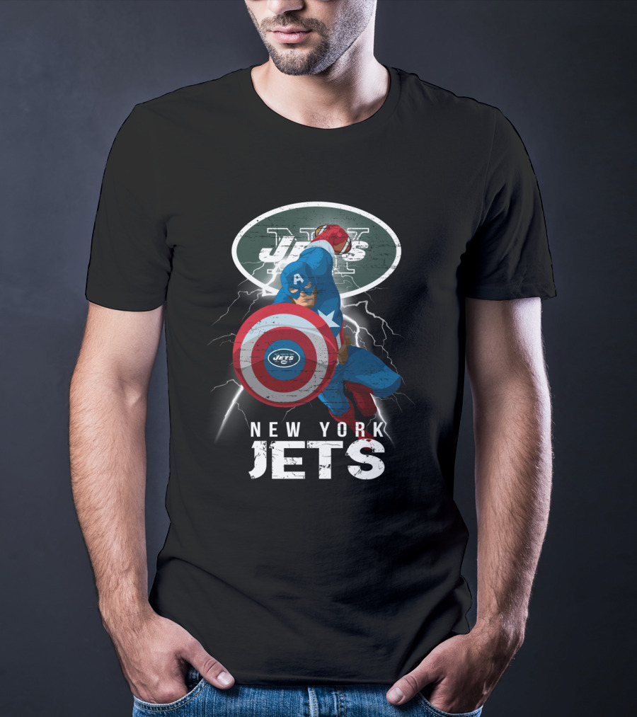 Captain America New York Jets Nfl Lightning Shield T-Shirt