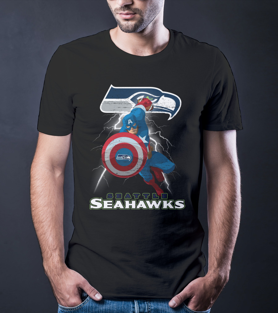 Captain America Seattle Seahawks Nfl Football Crossover Superhero Logo Lightning T-Shirt