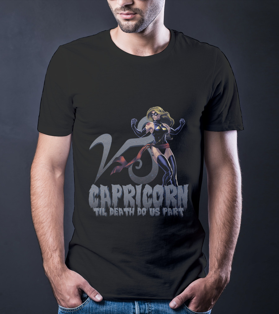 Capricorn Symbol With Captain Marvel Pose Til Death Do Us Part For Marvel Fans T-Shirt