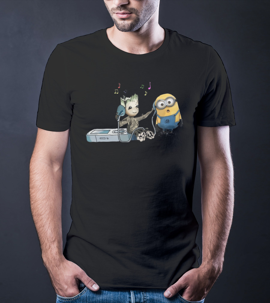 Groot And Minion Sharing Music With Headphones And Music Notes T-Shirt