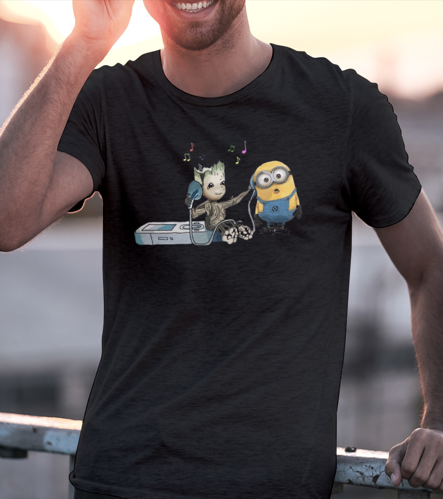 Groot And Minion Sharing Music With Headphones And Music Notes T-Shirt