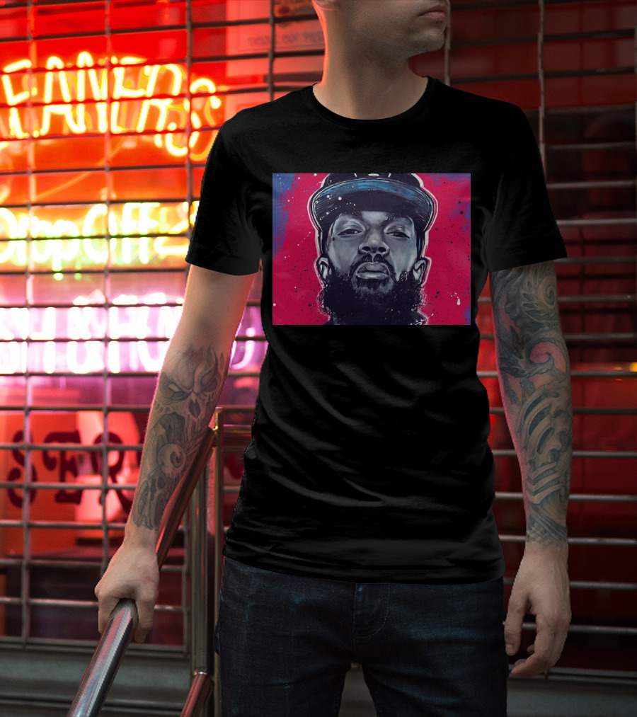 Nipsey Hussle Bold Street Style Portrait With Cap And Vibrant Red Blue T-Shirt