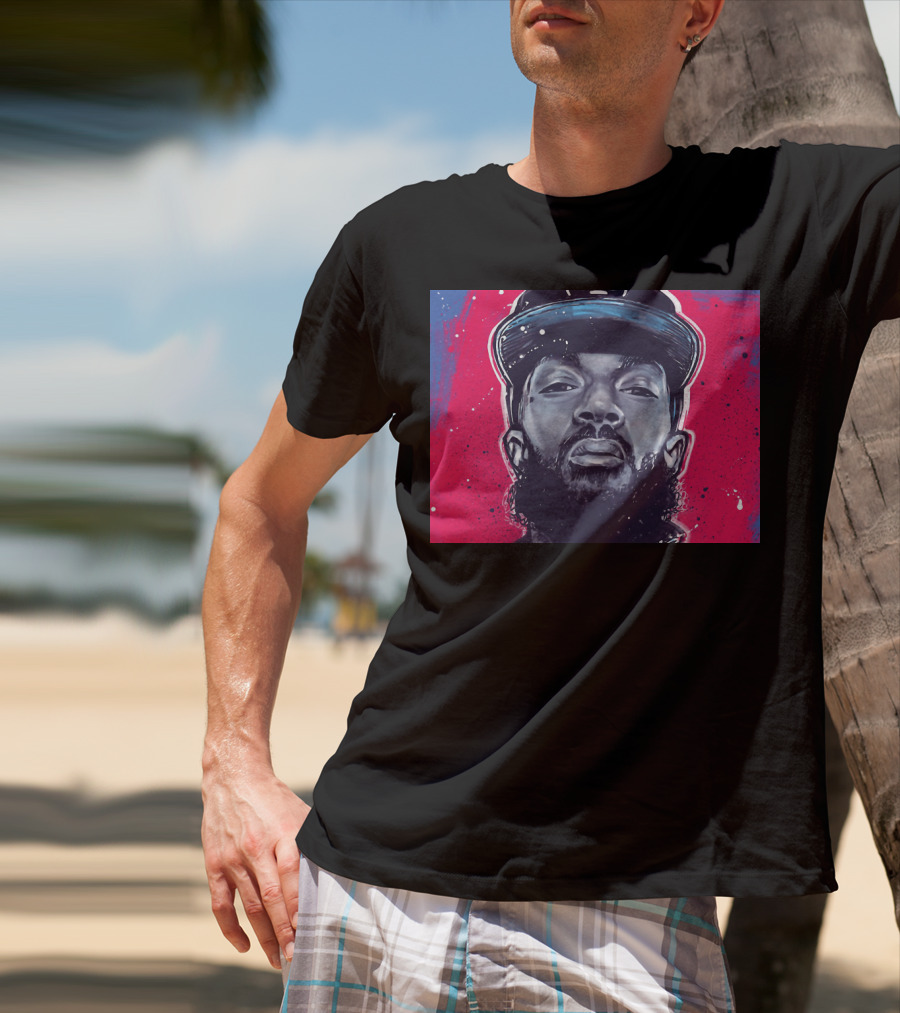 Nipsey Hussle Bold Street Style Portrait With Cap And Vibrant Red Blue T-Shirt