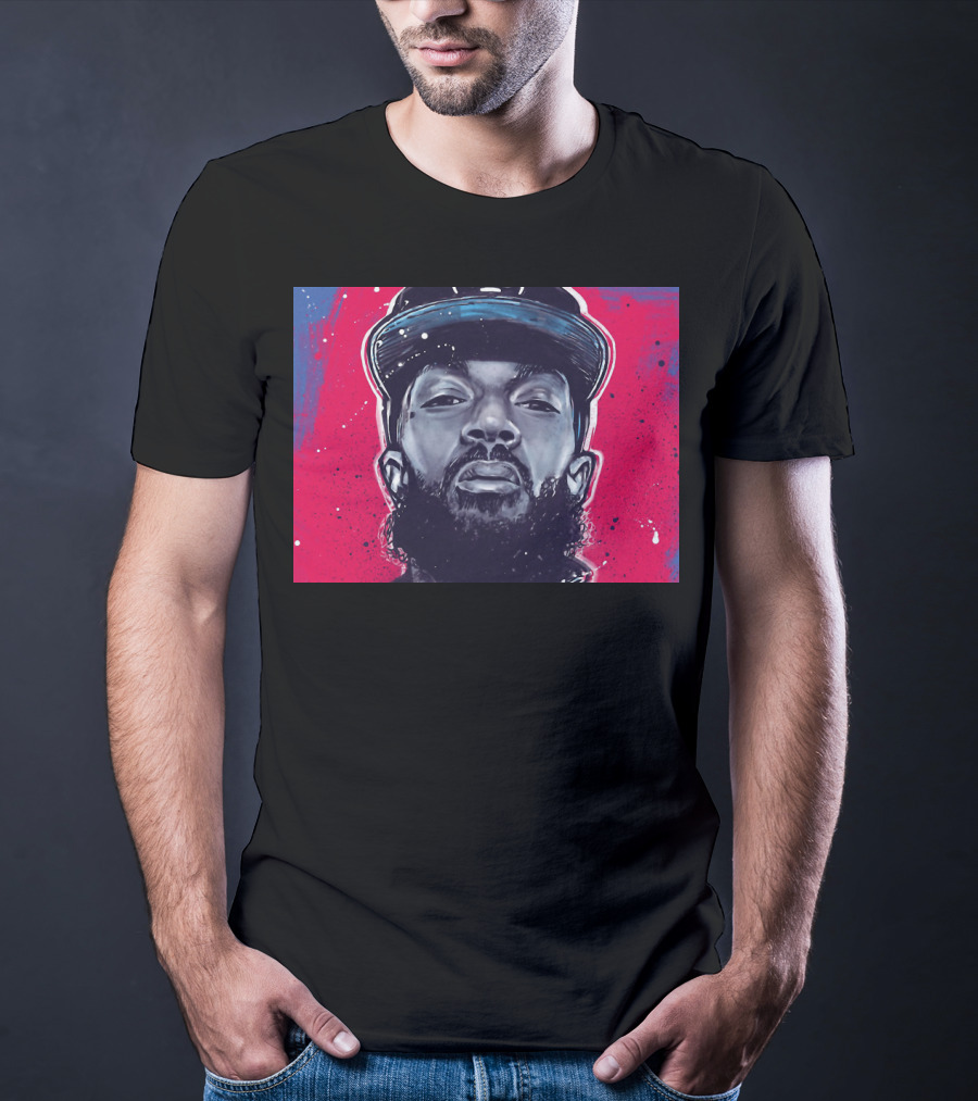 Nipsey Hussle Bold Street Style Portrait With Cap And Vibrant Red Blue T-Shirt