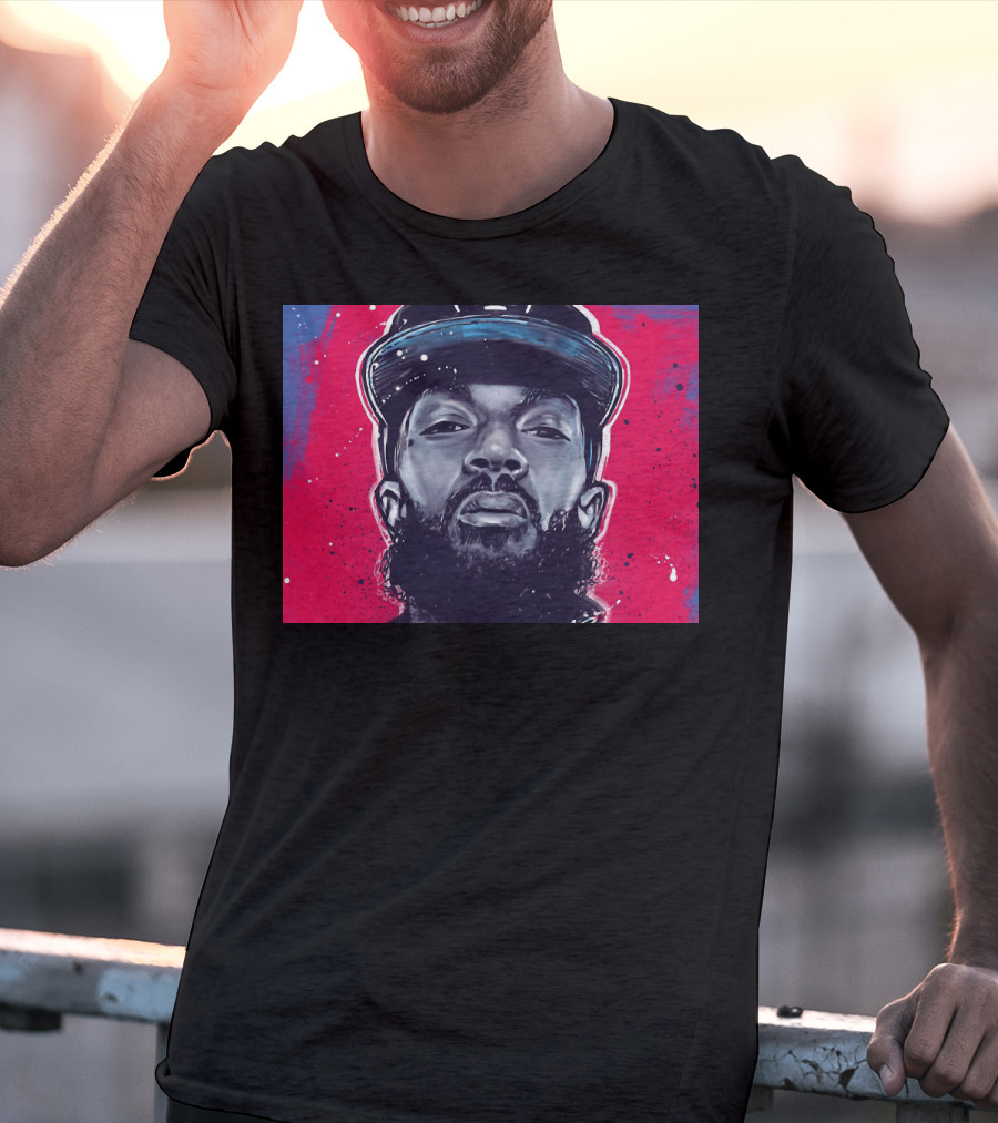 Nipsey Hussle Bold Street Style Portrait With Cap And Vibrant Red Blue T-Shirt