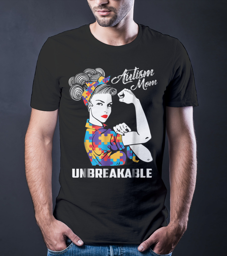 Unbreakable Autism Mom With Puzzle Pattern Retro Rosie The Riveter T-Shirt