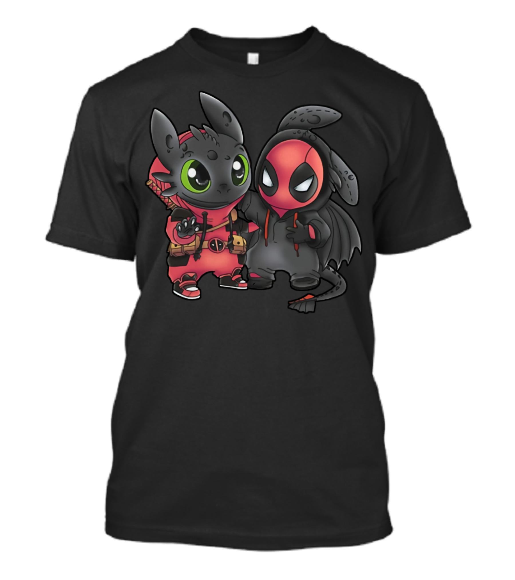 Baby Toothless And Deadpool Mashup Crossover Featuring Cute Duo With Iconic Red And Black Costume Elements T-Shirt
