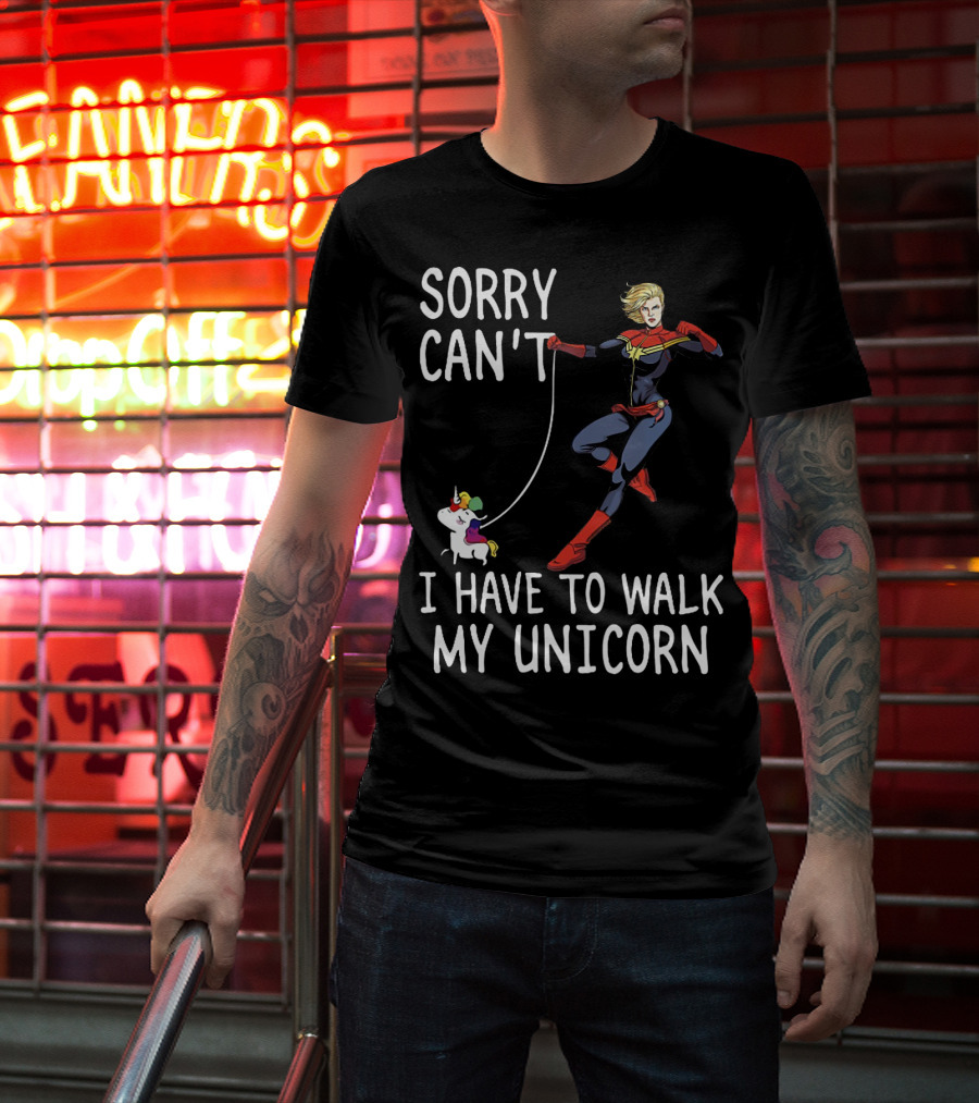 Captain Marvel Sorry Can't I Have To Walk My Unicorn T-Shirt