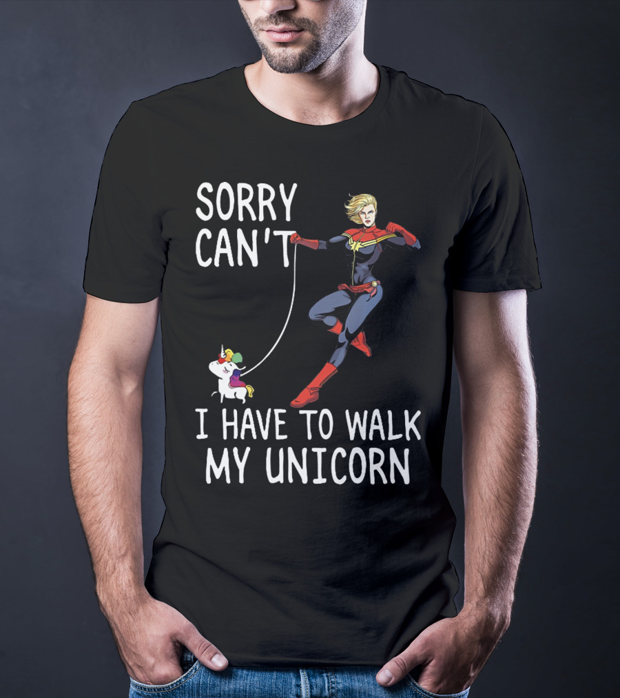 Captain Marvel Sorry Can't I Have To Walk My Unicorn T-Shirt