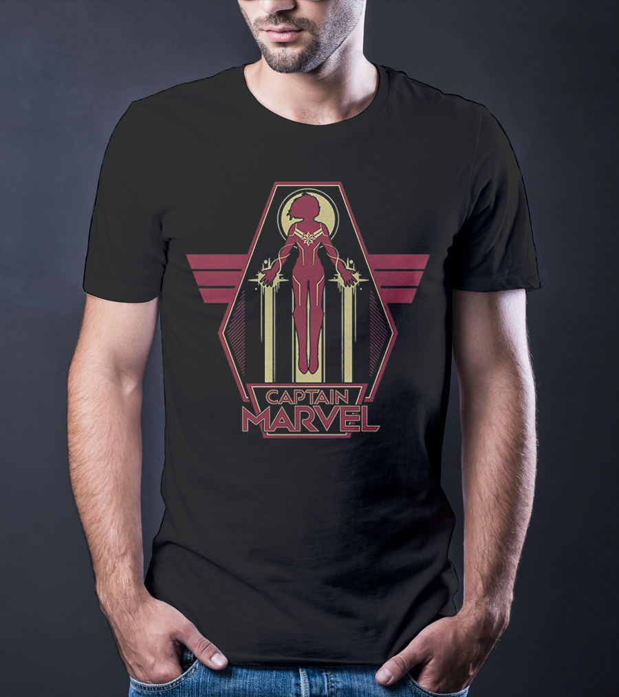 Captain Marvel Flight Silhouette Emblem With Red And Gold T-Shirt
