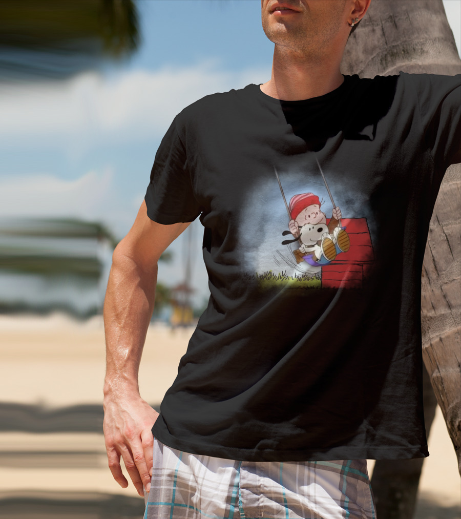 Charlie Brown And Snoopy Swinging On Doghouse T-Shirt