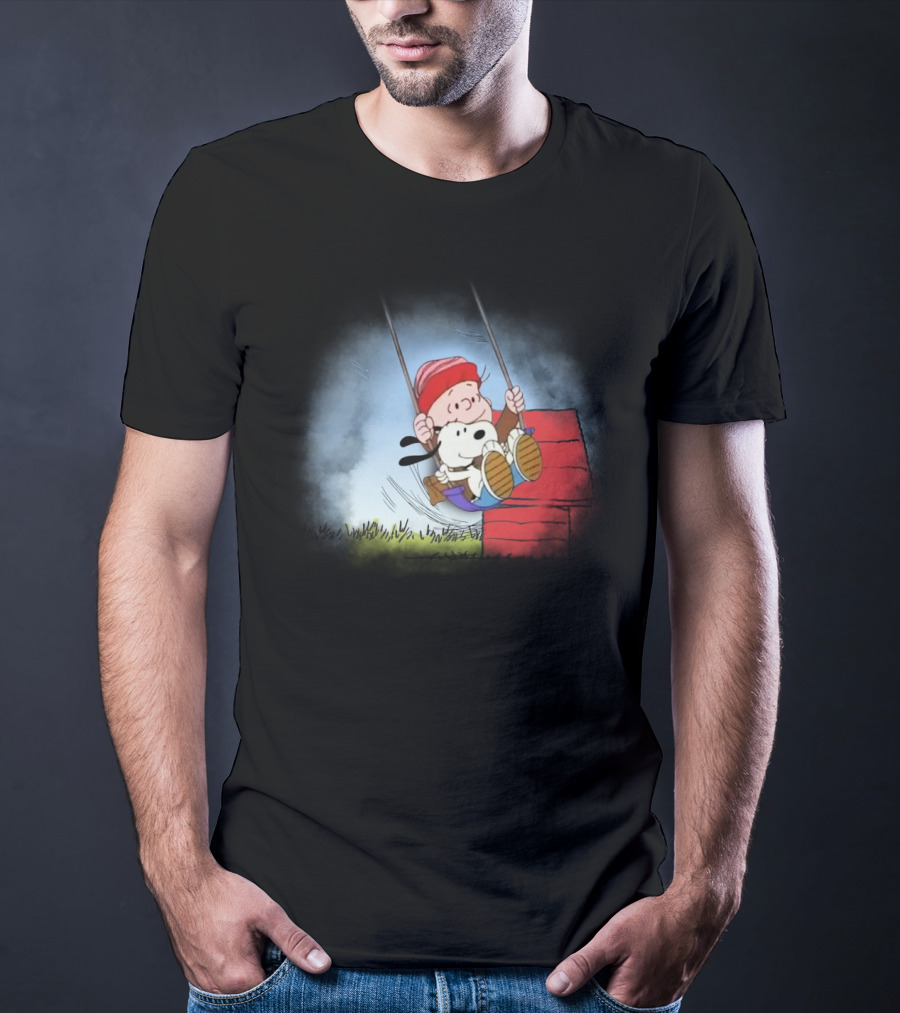 Charlie Brown And Snoopy Swinging On Doghouse T-Shirt