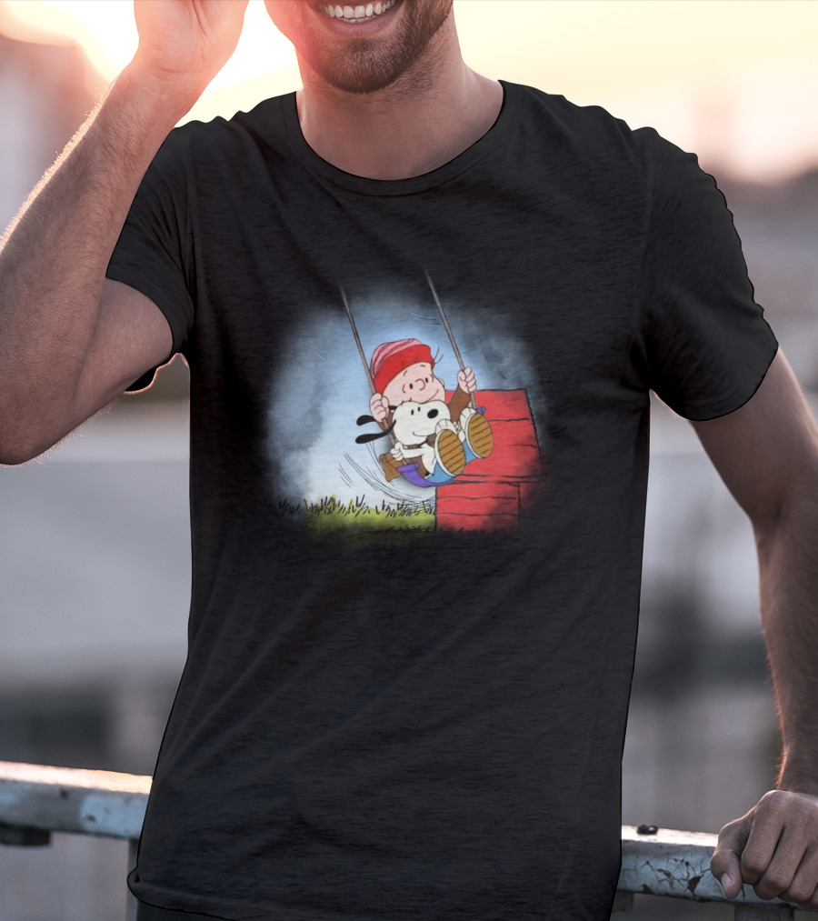 Charlie Brown And Snoopy Swinging On Doghouse T-Shirt