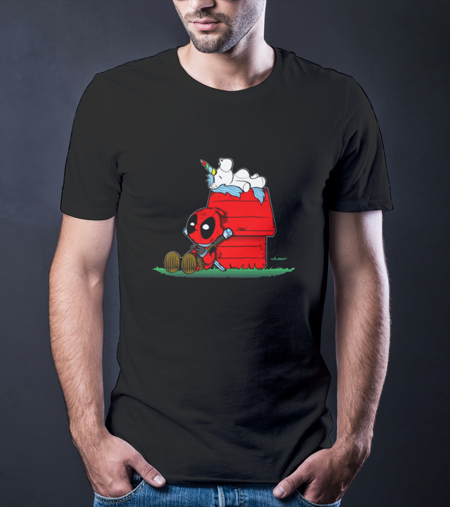 Deadpool And Snoopy Unicorn Crossover On Doghouse With Red And Black Accents T-Shirt