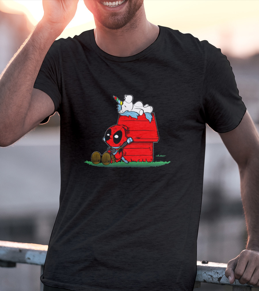 Deadpool And Snoopy Unicorn Crossover On Doghouse With Red And Black Accents T-Shirt