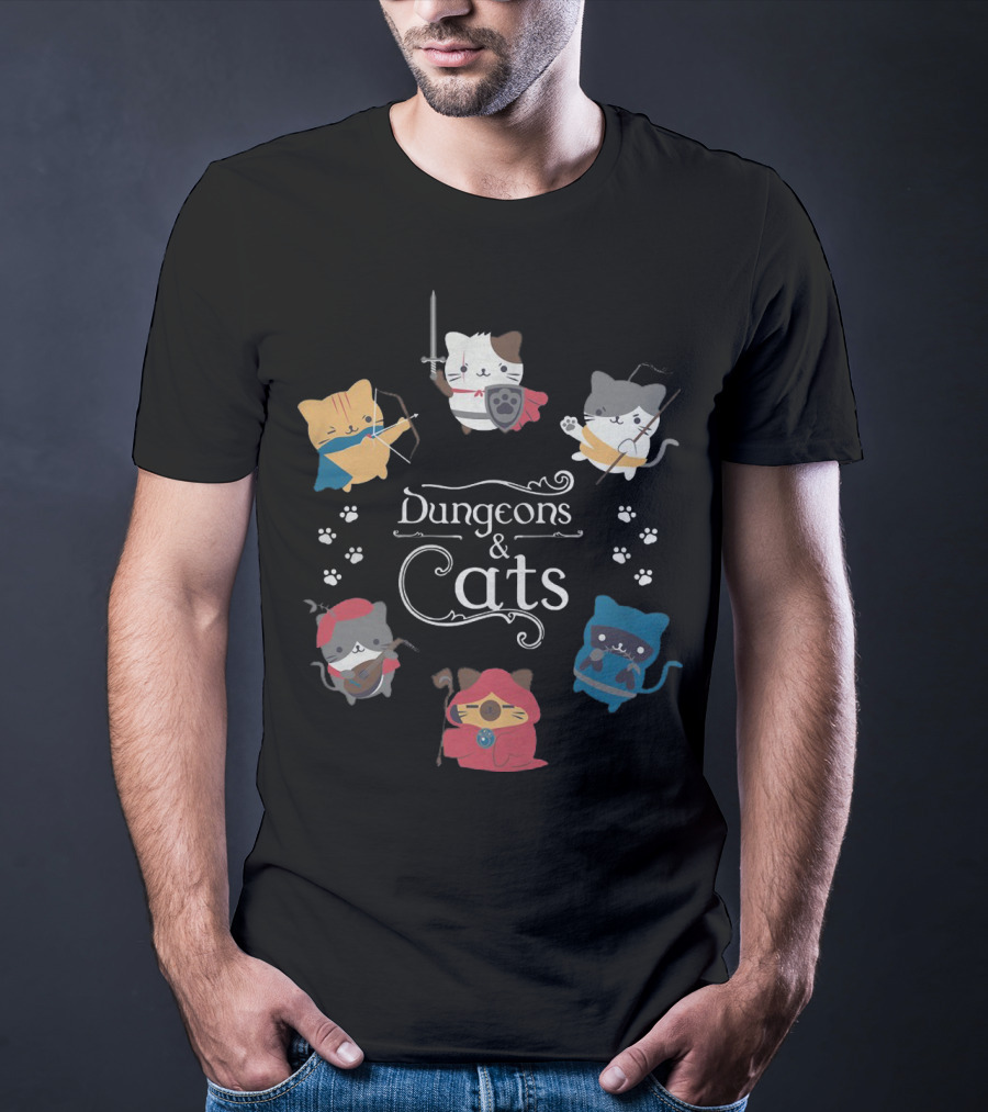 Dungeons And Cats Warrior Archer Mage Cats With Paw Prints Fantasy Adventure T-Shirt