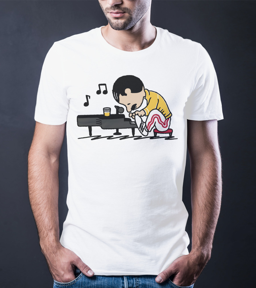 Freddie Mercury Peanuts Piano With Yellow Jacket And Red Stripe Pants T-Shirt