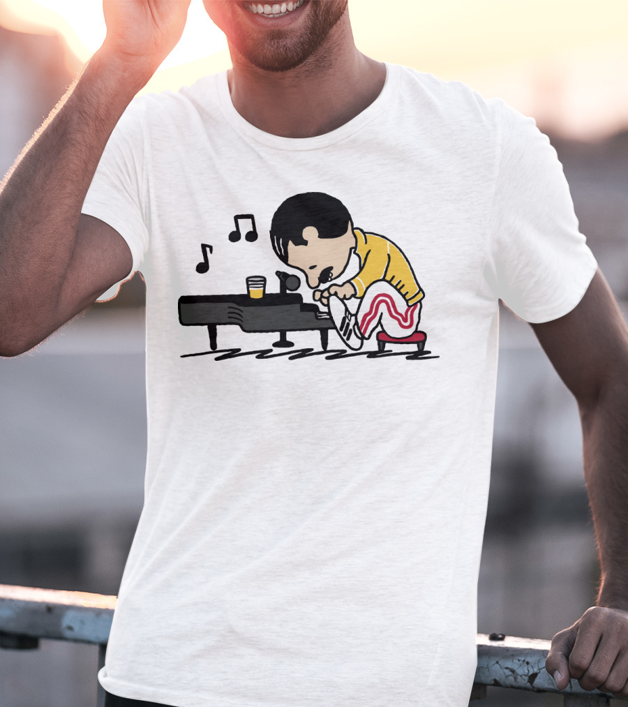 Freddie Mercury Peanuts Piano With Yellow Jacket And Red Stripe Pants T-Shirt