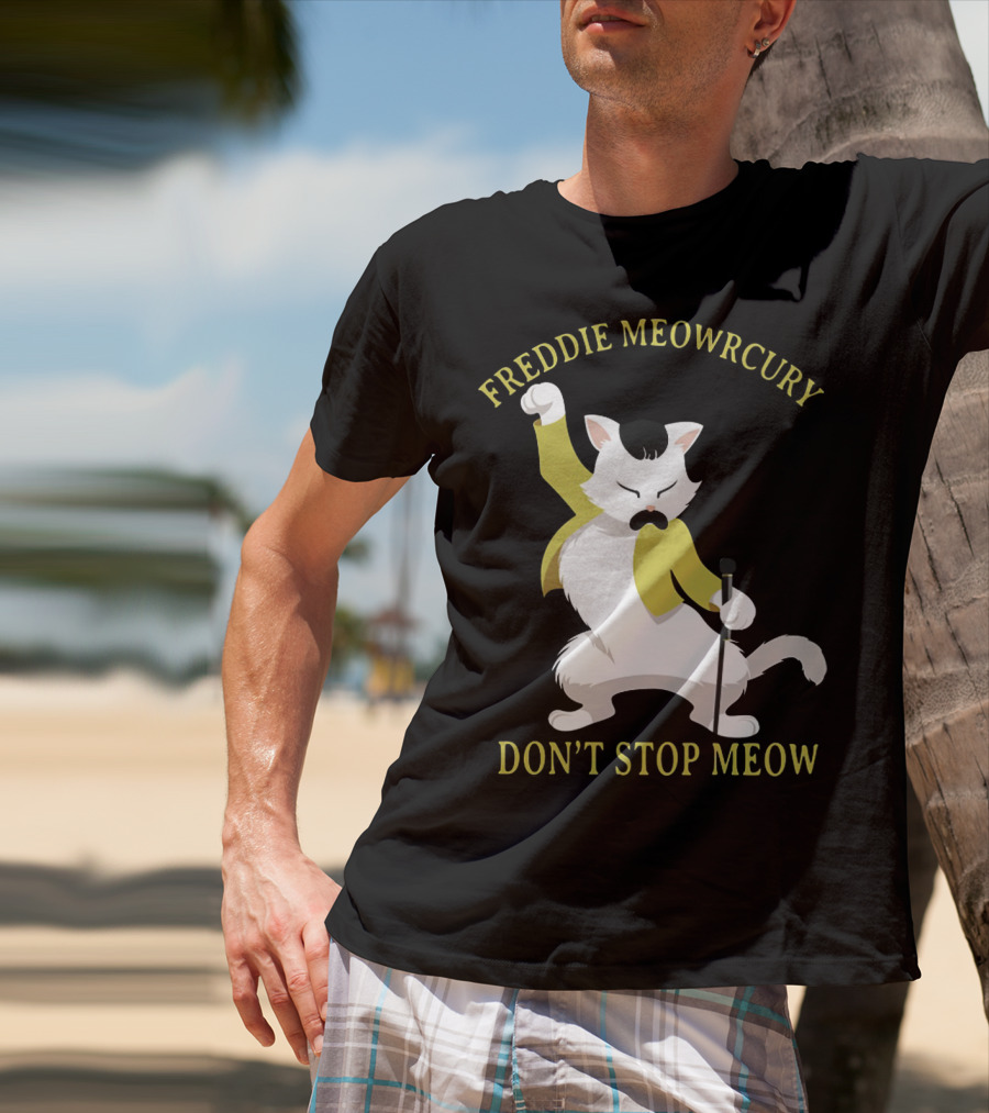 Freddie Meowrcury Don’t Stop Meow Funny Cat Parody With Iconic Pose And Yellow Jacket T-Shirt