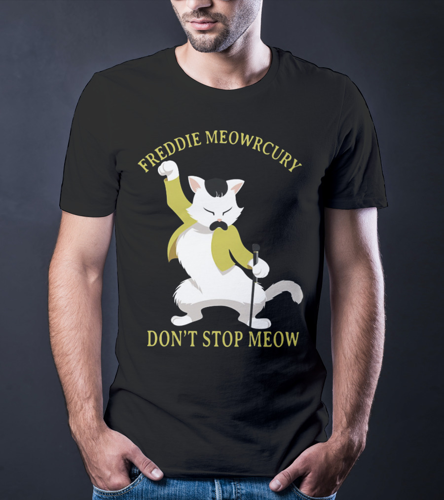 Freddie Meowrcury Don’t Stop Meow Funny Cat Parody With Iconic Pose And Yellow Jacket T-Shirt