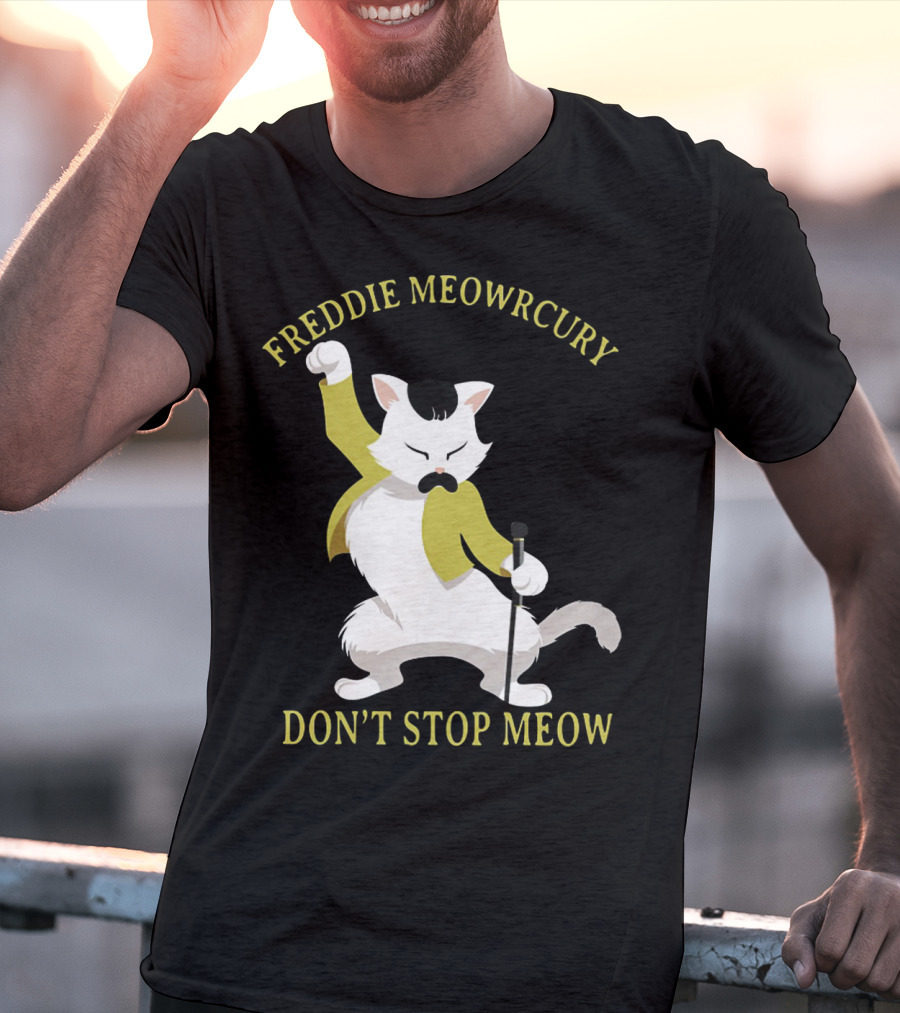 Freddie Meowrcury Don’t Stop Meow Funny Cat Parody With Iconic Pose And Yellow Jacket T-Shirt
