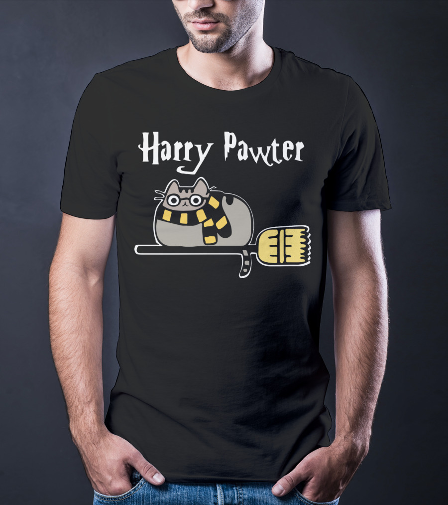 Harry Pawter Pusheen Cat On Broom With Scarf T-Shirt