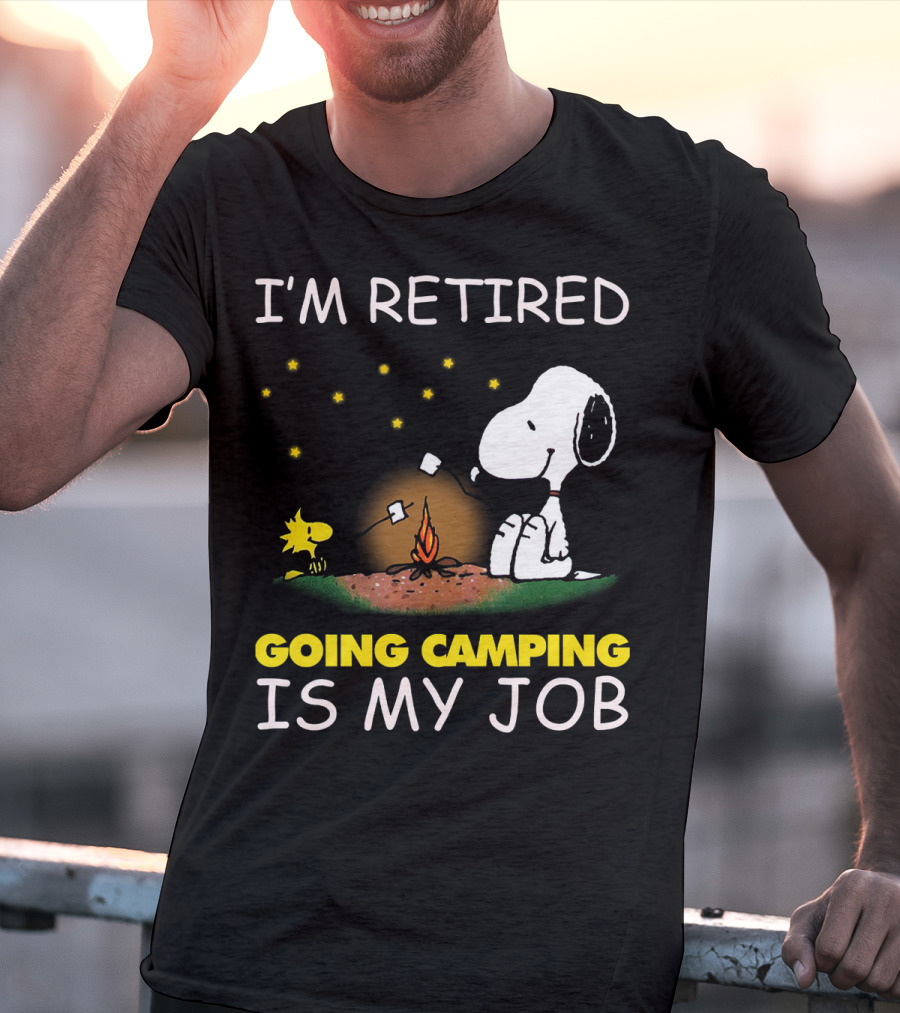 I’m Retired Going Camping Is My Job Snoopy And Woodstock Campfire Scene T-Shirt