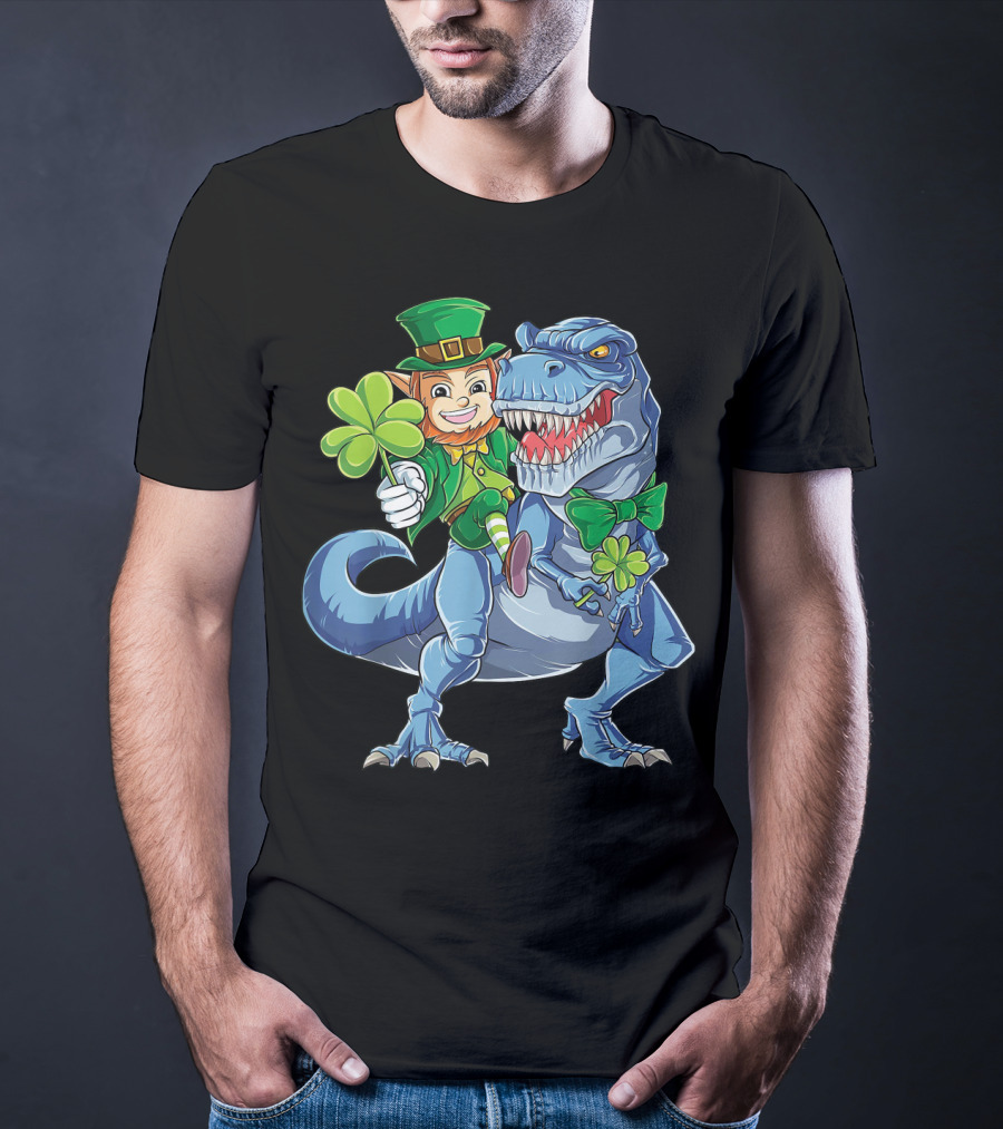 Leprechaun With Shamrock And Bowtie Riding T-Rex Dinosaur T-Shirt