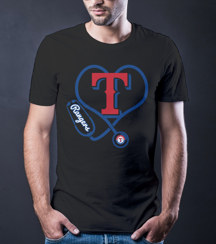 Nurse Heartbeat Texas Rangers Fans T Logo Stethoscope T-Shirt