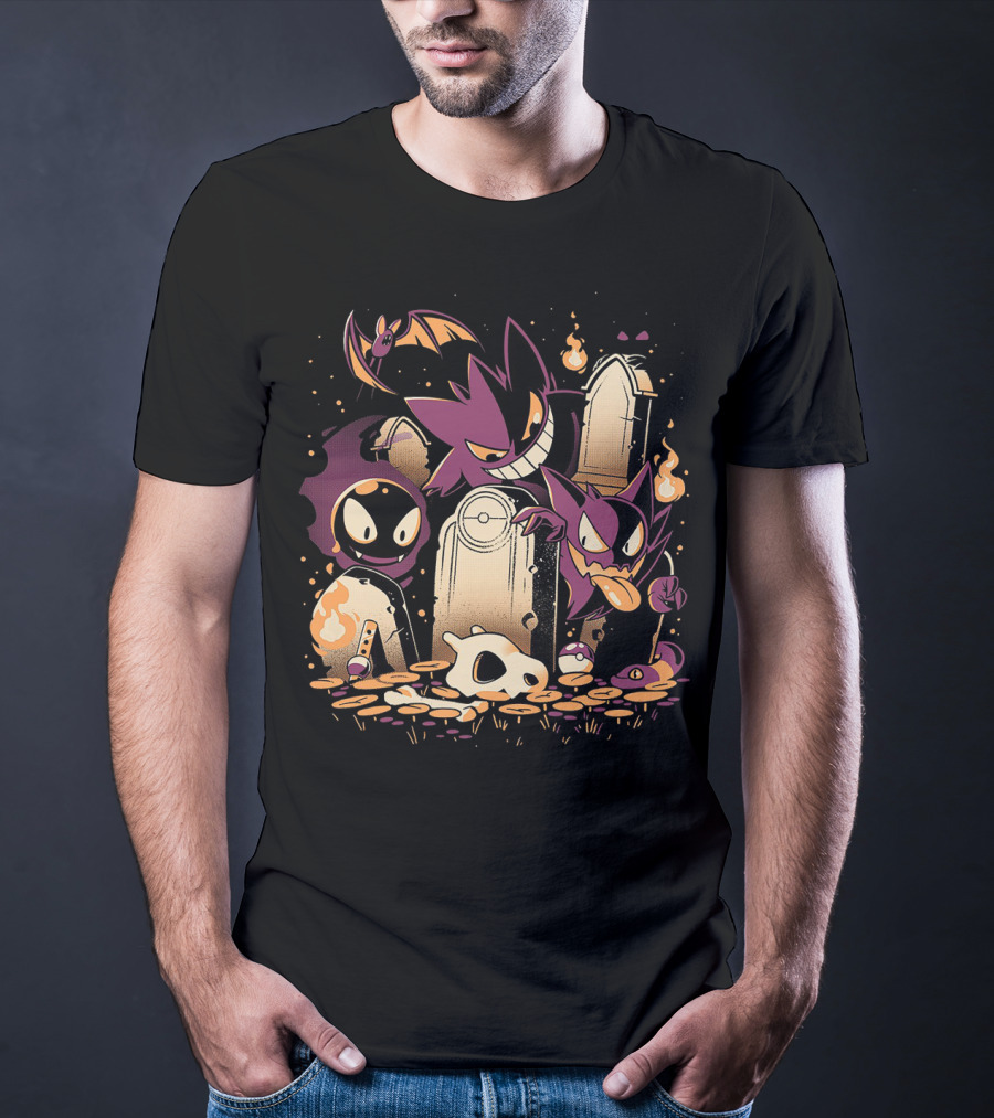 Pokemon Gastly Haunter Gengar Spooky Graveyard Scene With Fire And Skull T-Shirt